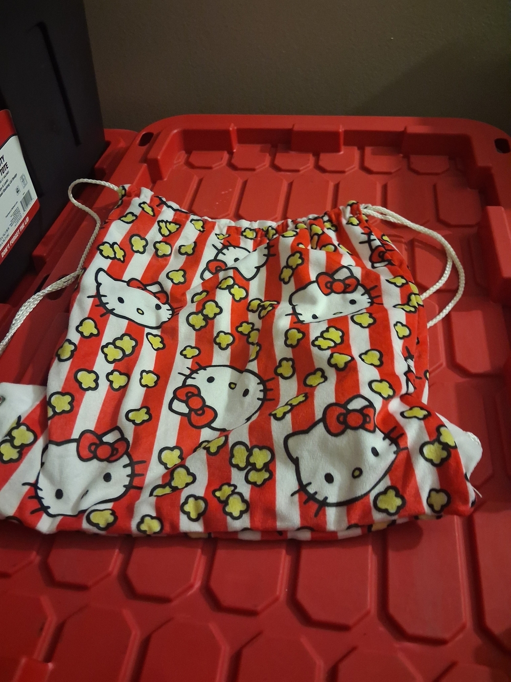 Hello Kitty Red and White Striped Drawstring Bag with Yellow Accents